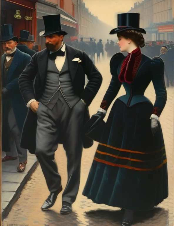 ((meilleure qualité)); Au 19 ème siècle, 1888; couple qui s'embrassent; enlacés; femme chapeau noire, une longue veste noire garnie de fourrure, une rose rouge et des fougères accrochées à sa veste, longue jupe noire, des bottines, un foulard de soie à carreaux noué autour du cou; homme élégant; costume victorien; rue de Whitechapel; Londres; rue de nuit; scene de vie; cinématographique; hyper réaliste; 4k;