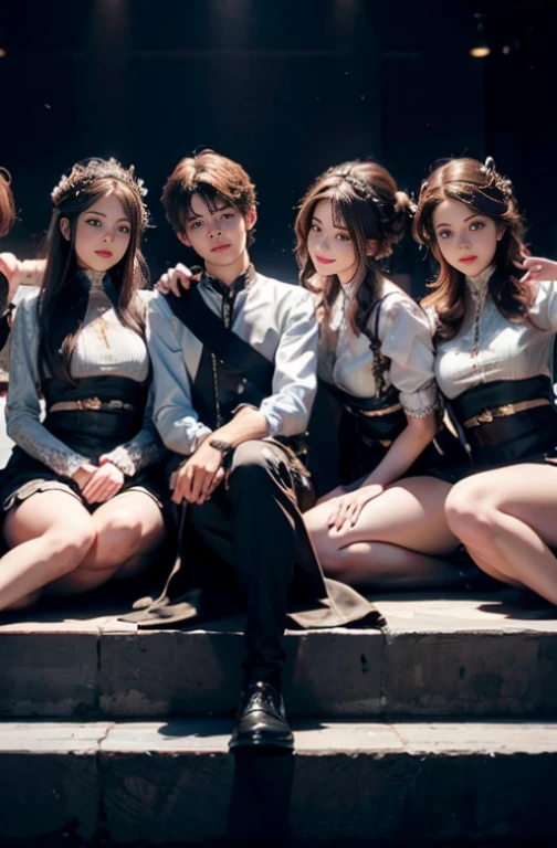 (masterpiece, best quality), (ridiculous:1.2), (Super detailed, 8k, ultra high definition:1.2), (Beautiful 4girls and handsome 4boys:1.3), young, Slim, (composition), blush, a happy expression, dramatic lighting, (short and small, Petite figure), (group picture, gather, friends), (multiple boys:1.2), looking at the audience, permanent, sitting, pose, Uniforms, (Many loving couples:1.2), V sign