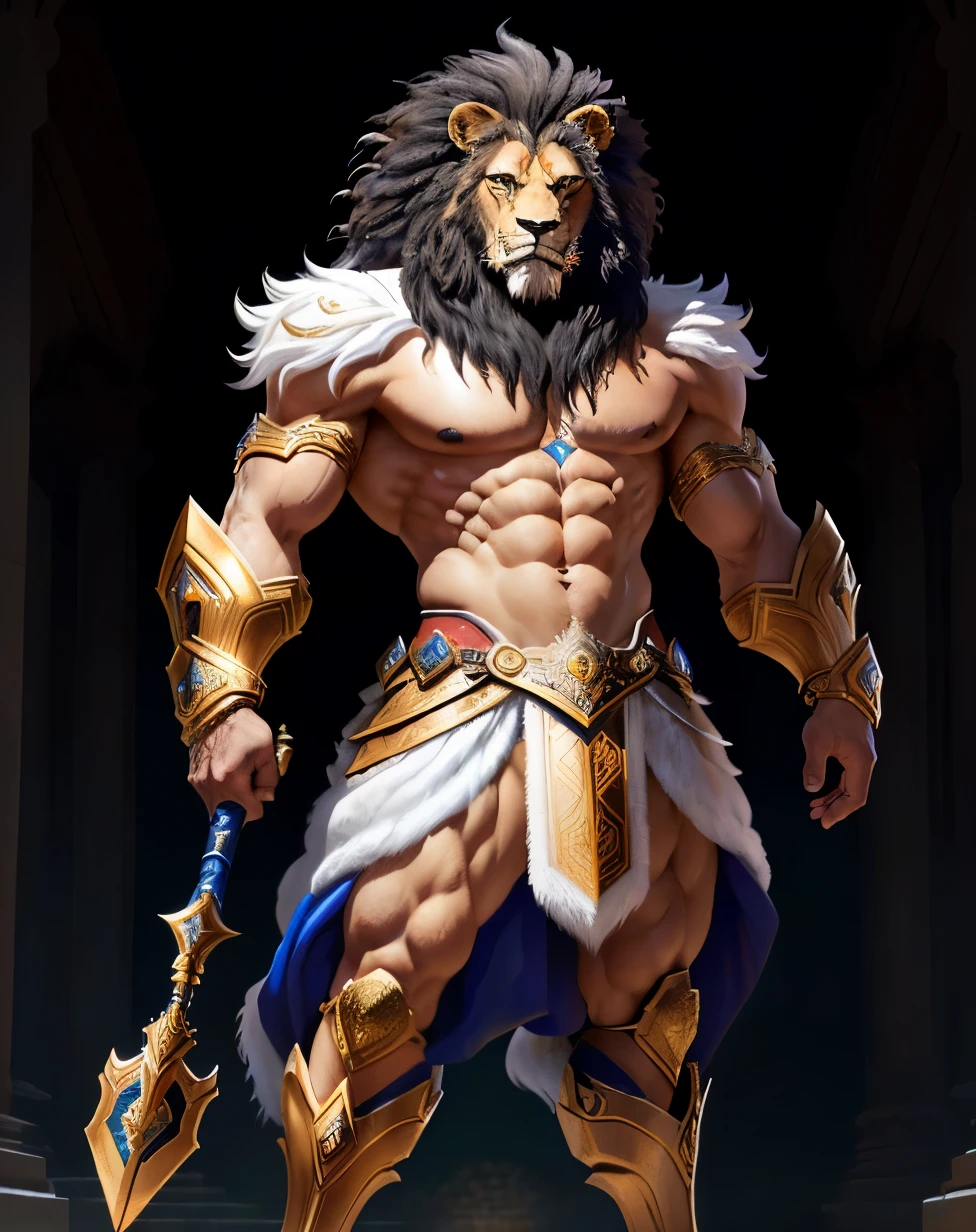 um close de um homem com rosto peludo e barba, lion warrior, lobisomem musculoso, Senhor das Bestas, 2d full body lion, Djinn Human Hybrid, lion body, roaring white lion. majestoso, forte e imponente, Pano Distante, Senhor da Selva, epic fantasy character art, poderoso guerreiro, male djinn man demon hybrid, Narasimha, pelo branco