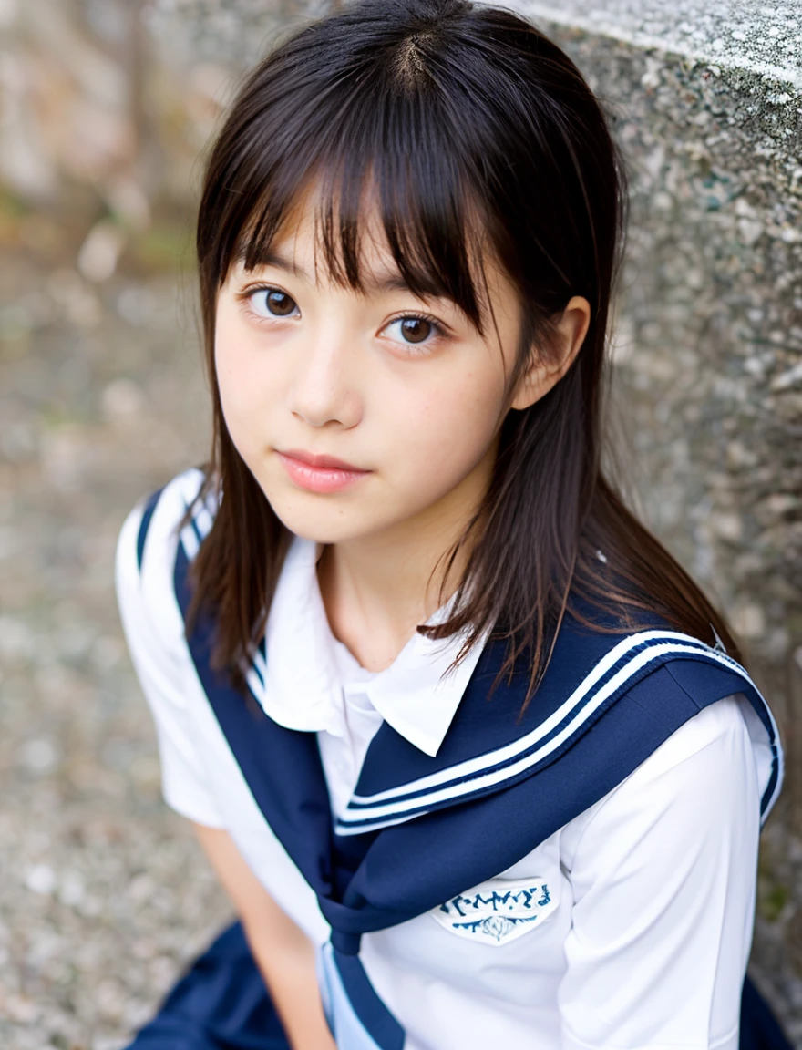 A beautiful girl wearing a Japanese navy blue sailor school uniform、14 years old、Leave the hem of your clothes outside、black hair、straight、No bangs、I love you、Moist eyes、dark blue pleated skirt、loafers、white socks、