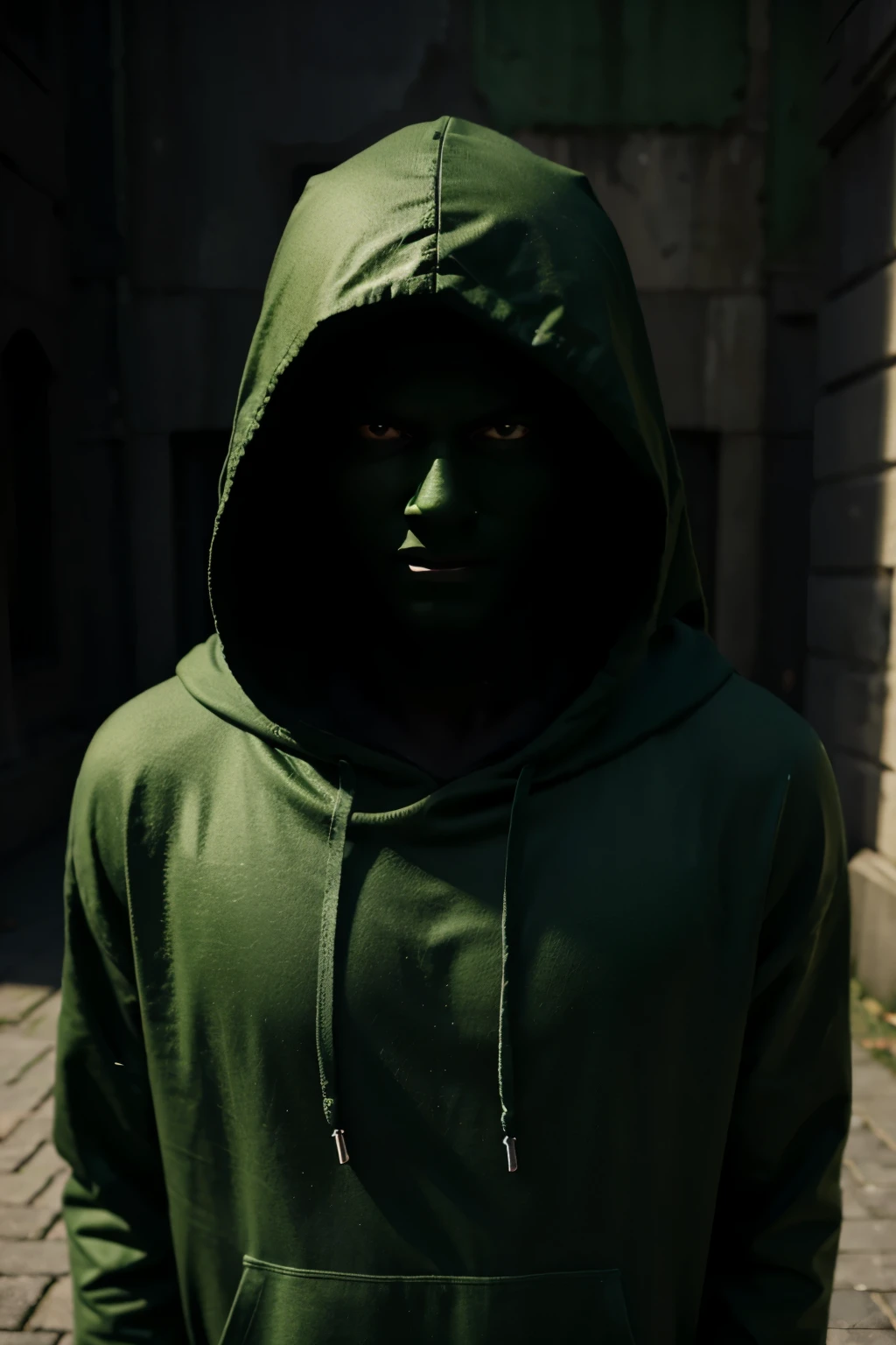 man in green hood with hidden dark face, 3d art