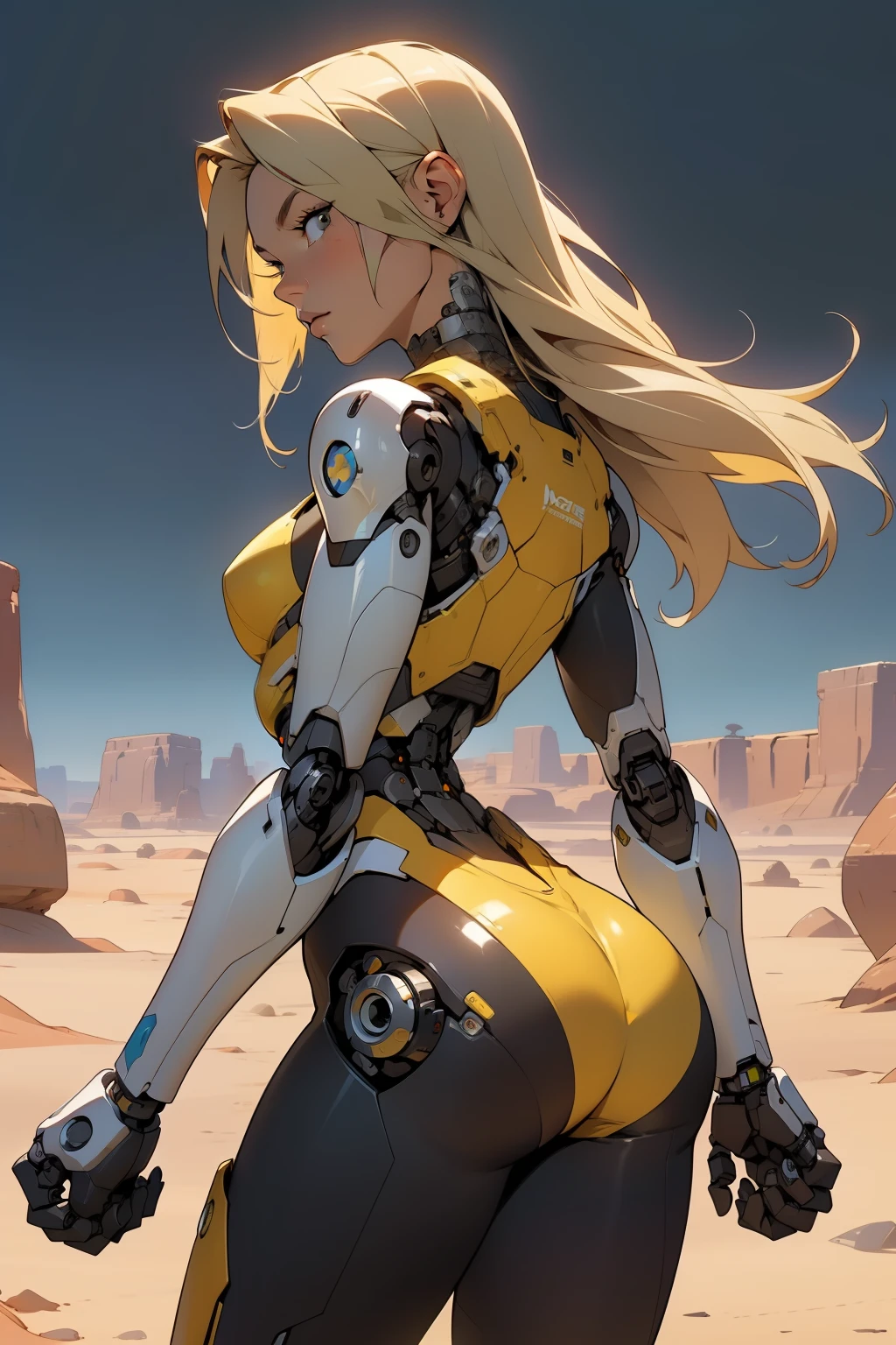 high quality, 4k, masterpiece, beautiful, cyborg girl, cowboy shot, dull eyes, back side, turning around to look at viewer, long blonde hair, girl, small breasts, fit thigh, robotic arms, robotic body, cyborg body, yellow accent, redaccent, intricate detail, joint, detailed lines, robotic detail, holding fist up, holding hand up as fist, color robotic parts, robotic parts with color, perfect fingers, on a desert planet, sunny background, colorful desert, a river in the background