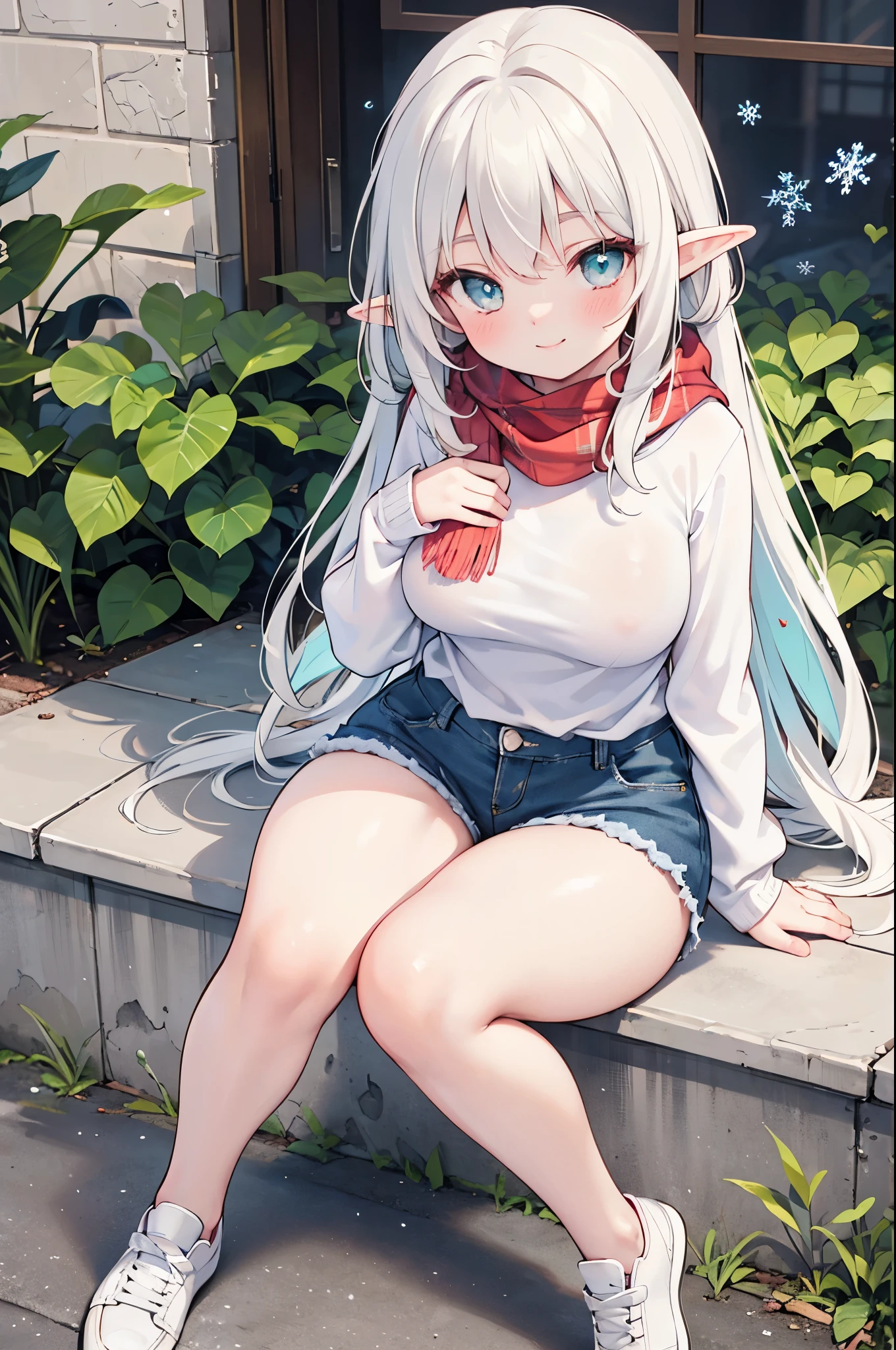 realistic image, coherent image, detailed image, 1 beautiful elf, She has white hair, long hair, turquoise eyes, her face is oval and delicate, Blushing, smiling, she is wearing a long sleeve t-shirt, scarf, denim mini shorts, moccasin type sneakers, small breasts, curvy body, thick thighs, sitting, legs together, snowflake,