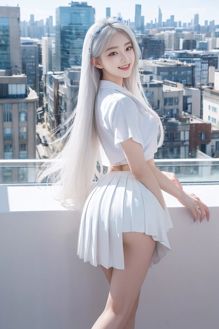 official art, masterpiece, Sharp focus beautiful gorgeous cute korean woman:1.3), (beautiful and cute korean:1.3), Korean beauty, exquisite beautiful hair、eyes and face, actual, Super detailed, beautiful girl, Luminous white particles, (side light:1.2), sunshine, Baiyun, Detailed cloud, Slender, buttocks, smile with teeth, ((smile with eyes, open your eyes)), landscape, long, straight hair, sexy facial expression, architecture, (city View:1.7), dynamic hair, Delicate white hair, Luminous Blue Eyelue Pleated Shirt + Short white skirt), white stockings, pale skin, hair accessories, epic landscape,night,Nice butt,Beautiful buttocks,The skirt was lifted,,highest resolution,High heel。