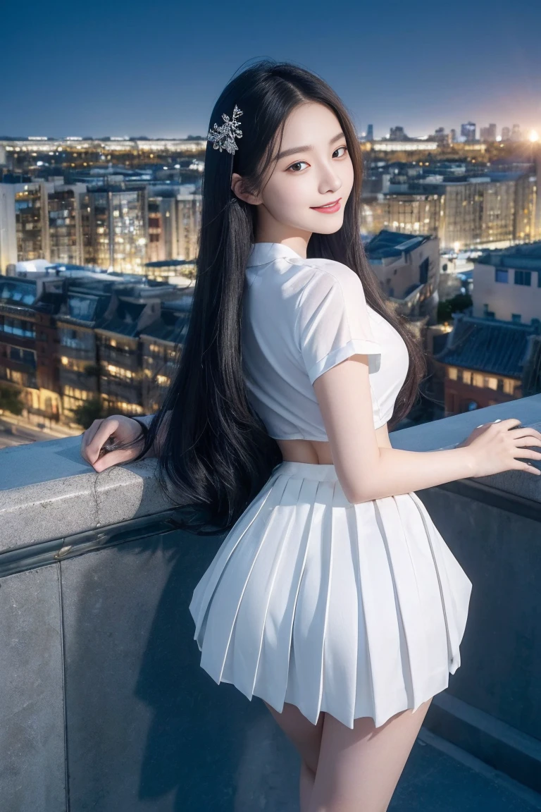 official art, masterpiece, Sharp focus beautiful gorgeous cute korean woman:1.3), (beautiful and cute korean:1.3), Korean beauty, exquisite beautiful hair、eyes and face, actual, Super detailed, beautiful girl,  Luminous white particles, (side light:1.2), sunshine, Baiyun, Detailed cloud, Slender, buttocks, smile with teeth, ((smile with eyes, open your eyes)), landscape, long, straight hair, sexy facial expression, architecture, (city View:1.7), dynamic hair, Delicate white hair, Luminous Blue Eyelue Pleated Shirt + Short white skirt), white stockings, pale skin, hair accessories, epic landscape,night，Nice butt，Beautiful buttocks，The skirt was lifted，，highest resolution，High heel。