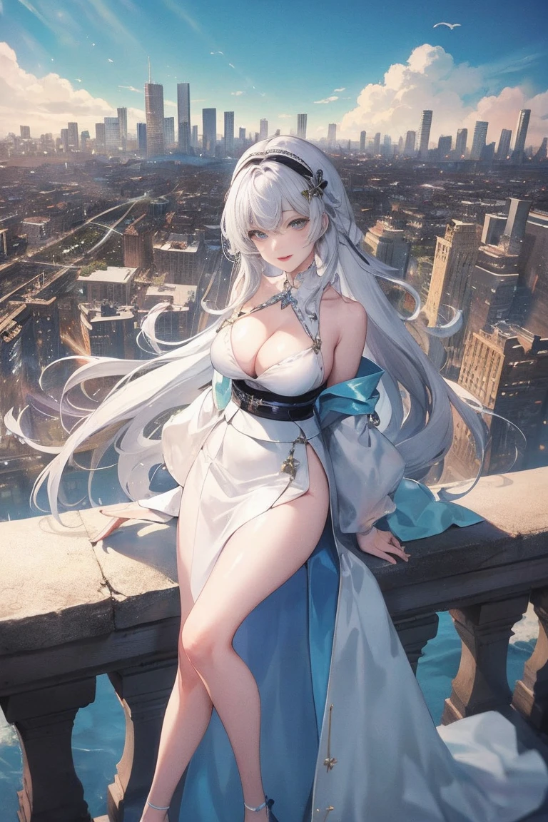 official art, masterpiece, sharp focus, (Beautiful gorgeous lovely Korean women:1.3), (beautiful and cute korean:1.3), Korean beauty, exquisite beautiful hair、eyes and face, actual, Super detailed, beautiful girl, blue sky, Luminous white particles, (side light:1.2), sunshine, Baiyun, Detailed cloud, thin and long, Lovely big breasts and big butt, smile with teeth, ((smile with eyes, open your eyes)), landscape, long, straight hair, sexy facial expression, architecture, (city View:1.7), dynamic hair, very long, straight hair, Delicate platinum silver hair, glowing green eyes, Short pink skirt, white stockings, pale skin, hair accessories, epic landscape,High heel，Bare buttocks