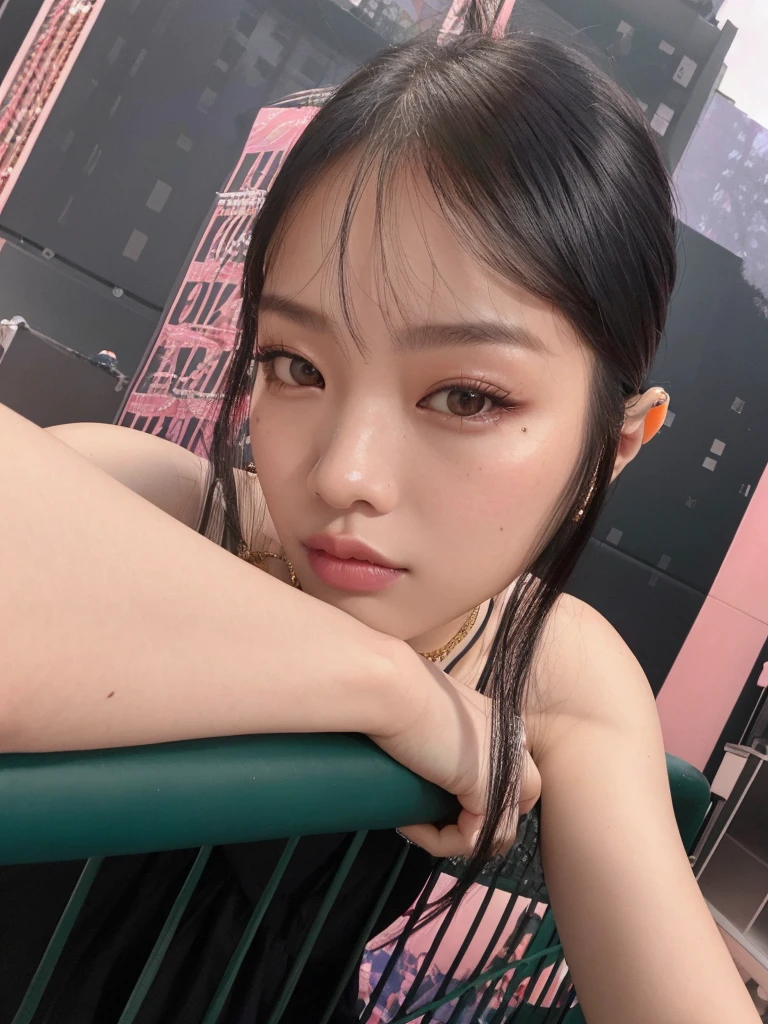 (1girl:1.3), solo, __body-parts__, Kim Ji-ni Jennie face, black background, photography, high contrast, high resolution, HD face shape, bust photo, front face, pink hair, world-weary face, high cold expression, white suspenders, white shorts, cleavage, fair skin, 16k