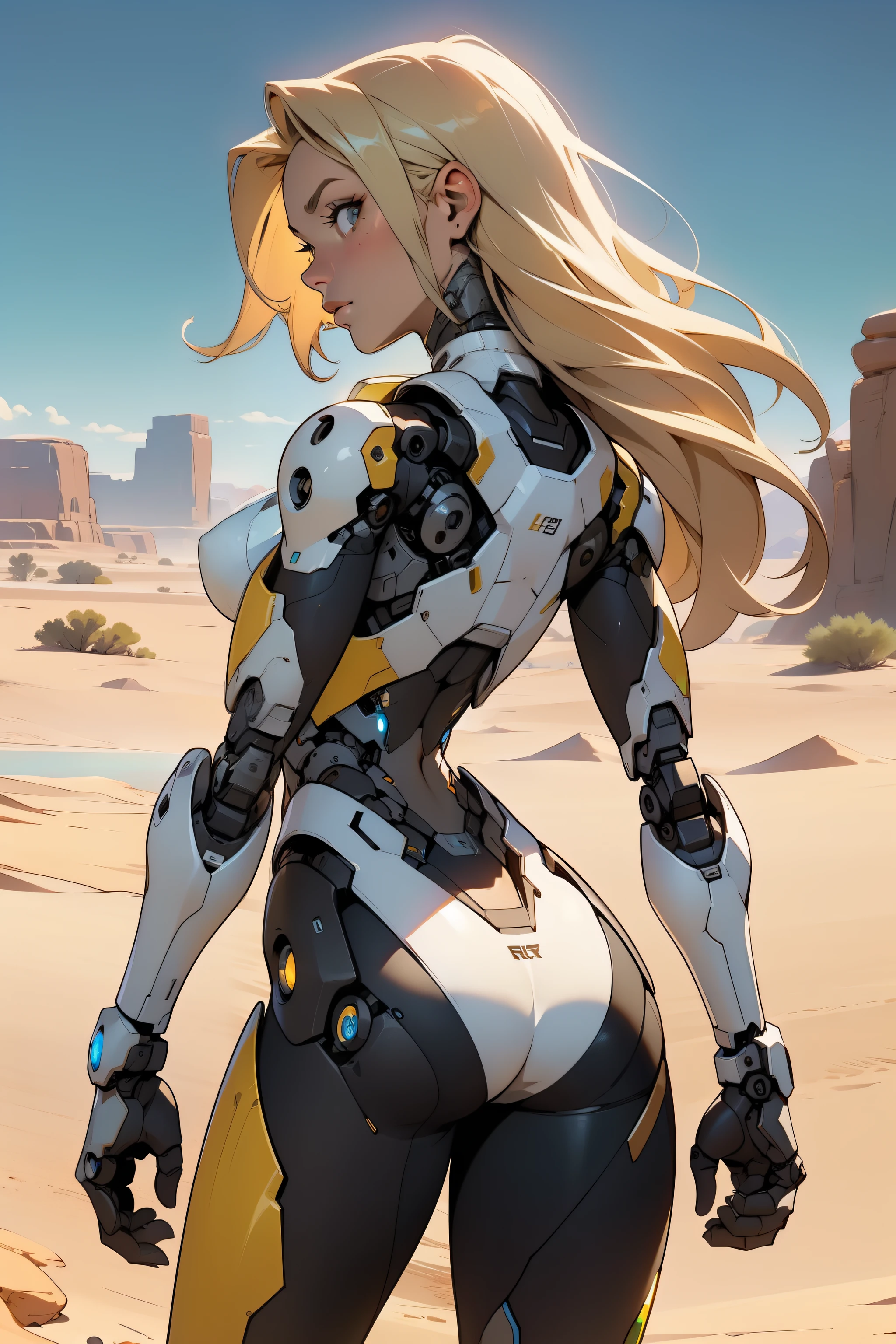 high quality, 4k, masterpiece, beautiful, cyborg girl, cowboy shot, dull eyes, back side, turning around to look at viewer, long blonde hair, girl, small breasts, fit thigh, robotic arms, robotic body, cyborg body, yellow accent, redaccent, intricate detail, joint, detailed lines, robotic detail, holding fist up, holding hand up as fist, color robotic parts, robotic parts with color, perfect fingers, on a desert planet, sunny background, colorful desert, a river in the background