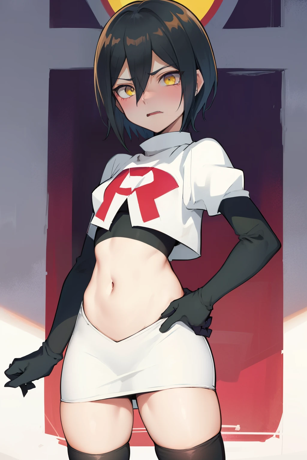absurdres, cowboy shot, solo, male focus, trap, 1boy, crossdressing,1boy, saihara shuichi, yellow eyes,looking at viewer, team rocket,team rocket uniform,white skirt,red letter R,crop top,black thigh-highs,black elbow gloves, embarrassed, blush