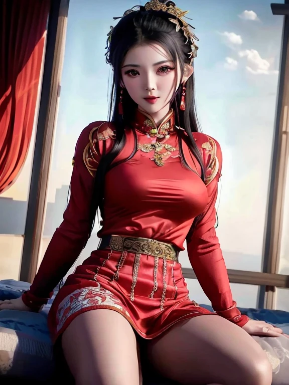 Araf asian woman in red dress sitting on bed, Red Armor Lady, anime characters; full body art, Beautiful charming anime woman, wearing red clothes, Chinese style, Chinese girl, beautiful fantasy queen, 穿着红色cheongsam, cheongsam, China costume, full body xianxia, wearing red clothes, japanese goddess