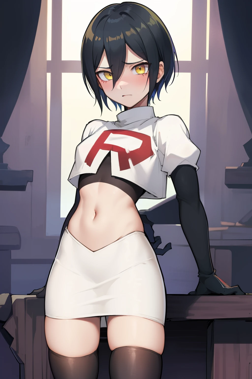 absurdres, cowboy shot, solo, male focus, trap, 1boy, crossdressing,1boy, saihara shuichi, yellow eyes,looking at viewer, team rocket,team rocket uniform,white skirt,red letter R,crop top,black thigh-highs,black elbow gloves, embarrassed, blush