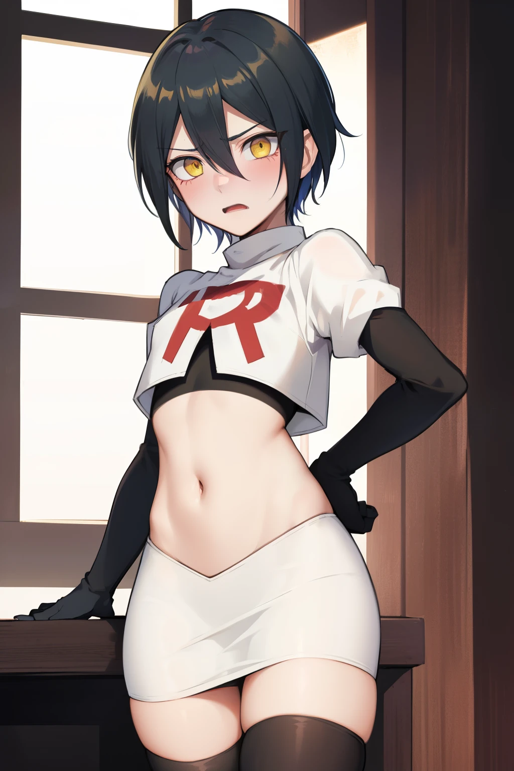 absurdres, cowboy shot, solo, male focus, trap, 1boy, crossdressing,1boy, saihara shuichi, yellow eyes,looking at viewer, team rocket,team rocket uniform,white skirt,red letter R,crop top,black thigh-highs,black elbow gloves, embarrassed, blush