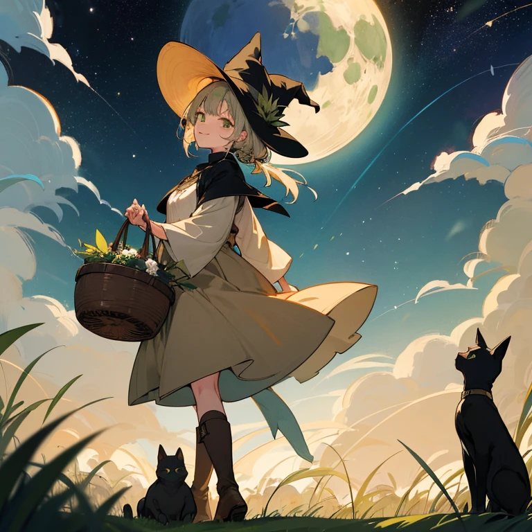 color々A witch around 25 years old carrying a large basket filled with medicinal herbs....... 、beige dress、黒colorのマント、 dark brown long boots、 green eyes、 smile 、Bluestone Pendant、night、 starry sky、 moon、buddy black cat、 grassland 、colorとりどりの花々