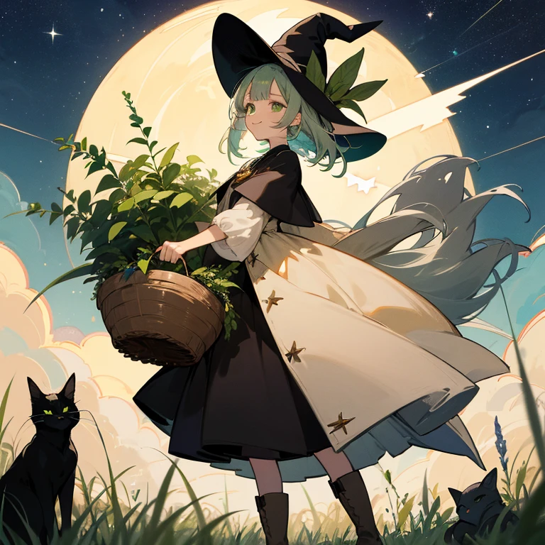 color々A witch around 25 years old carrying a large basket filled with medicinal herbs....... 、beige dress、黒colorのマント、 dark brown long boots、 green eyes、 smile 、Bluestone Pendant、night、 starry sky、 moon、buddy black cat、 grassland 、colorとりどりの花々