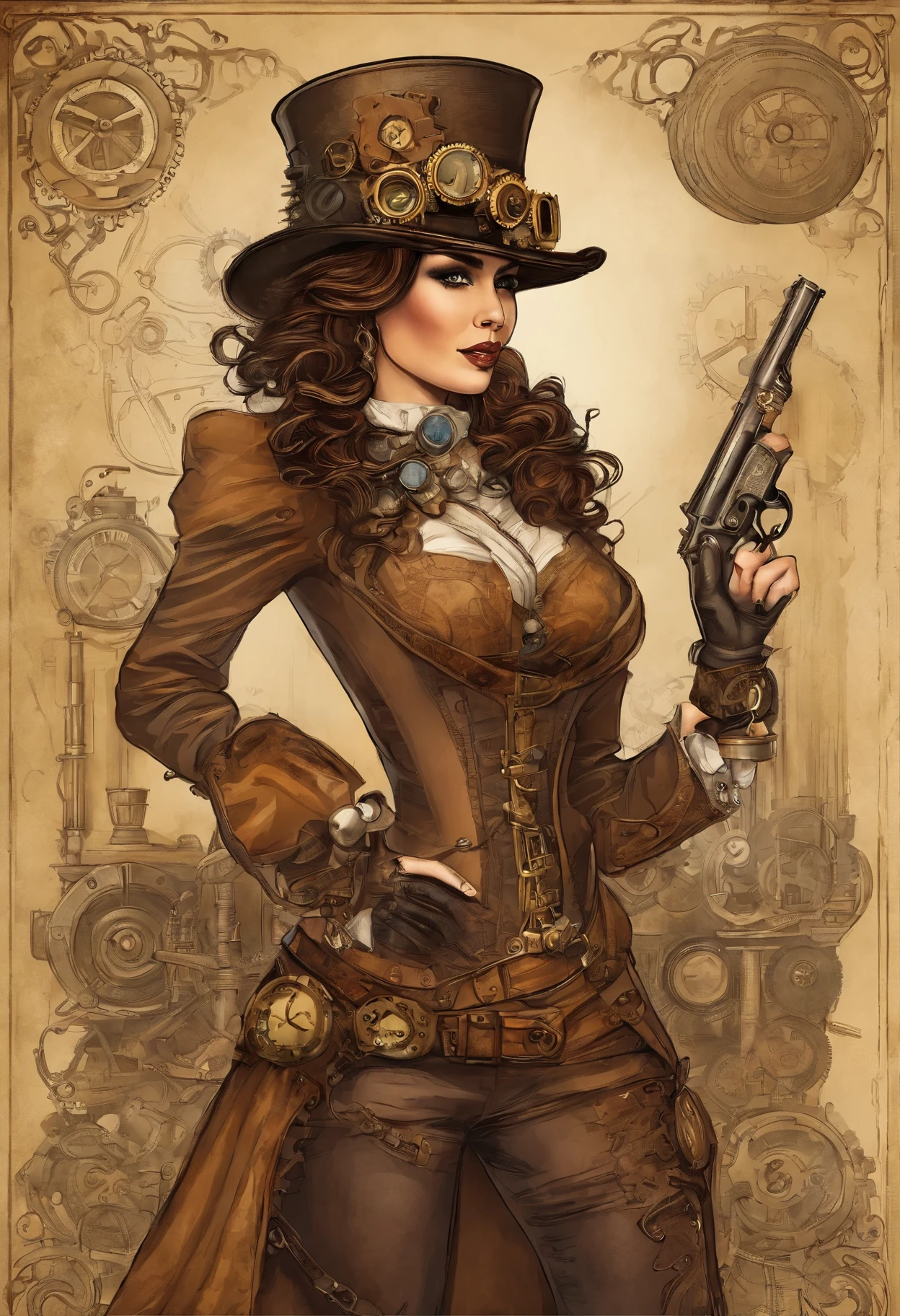 There's a woman wearing a Steam Punk hat and holding a gun., Steampunk, usando trajes Steampunk, inventora Steampunk, (Steampunk), ( Steampunk ), estilo Steampunk, Steam-punk, Steampunk Fiction, steampunk aesthetic, uma deusa Steampunk bonita, Steampunk mulher anime bonita, Steampunk, fantasia Steampunk, estilo de fantasia Steampunk, arte Steampunk, arte digital Steampunk, roupas Steampunk