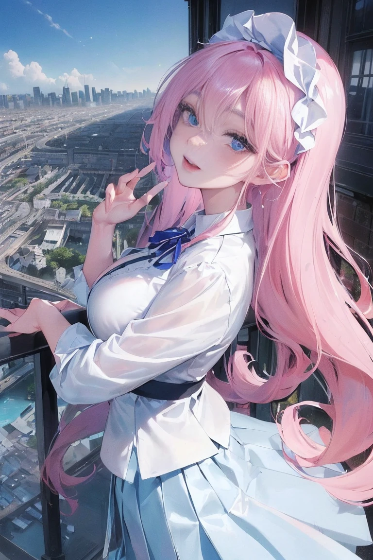 official art, masterpiece, sharp focus, (Beautiful gorgeous lovely Korean women:1.3), (beautiful and cute korean:1.3), Korean beauty, exquisite beautiful hair、eyes and face, actual, Super detailed, beautiful girl, blue sky, Luminous white particles, (side light:1.2), sunshine, Baiyun, Detailed cloud, thin and long, Lovely big breasts and big butt, smile with teeth, ((smile with eyes, open your eyes)), landscape, long, straight hair, sexy facial expression, architecture, (city View:1.7), dynamic hair, long, straight hair, Detailed platinum pink hair, Glowing blue eyes, (blue pleated shirt + white skirt), white stockings, pale skin, hair accessories, epic landscape,The skirt was lifted。