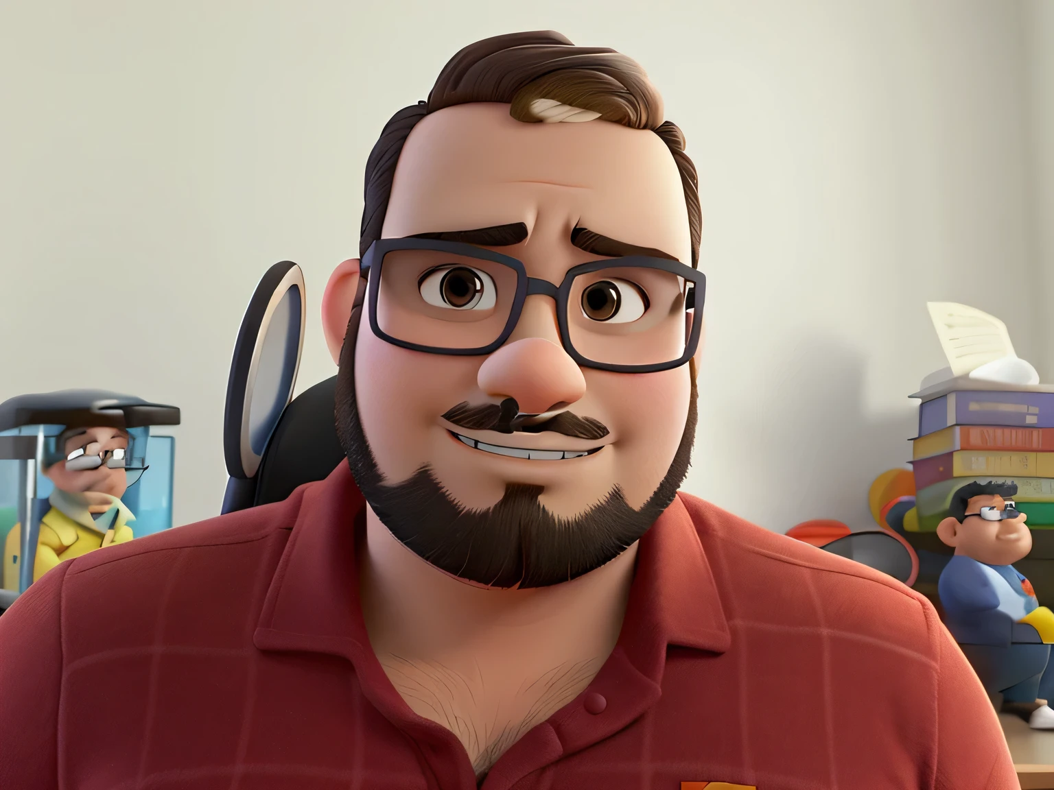 Um homem gordinho e moreno claro, estilo pixar, of square glasses, de alta qualidade. O fundo deve remeter a um ambiente de suspense