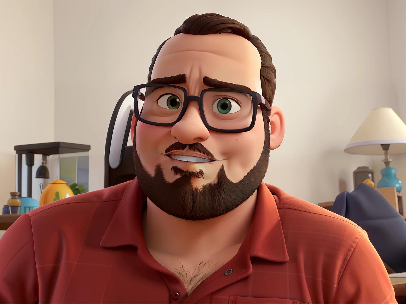 Um homem gordinho e moreno, estilo pixar, of square glasses, de alta qualidade.  cabelo curto e enroladinho. O fundo deve remeter a um ambiente de suspense