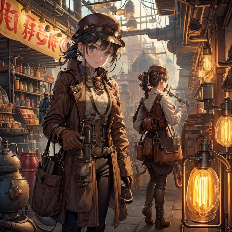 steampunk、 Industrial Revolution、hazy air、underground shopping street、Junk shop、person in retro clothes々、 There are many steam pipes throughout the town.、(Retro gas lamps with different shapes:1.1)、 (Steam spewing out from pipes:1.2)、 Armed girl、(lots of piping:1.4)、(big and small々plumbing:1.3)、general store、gear、pipe with valve、duct