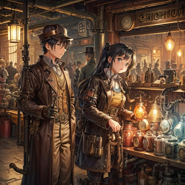 steampunk、 Industrial Revolution、hazy air、underground shopping street、Junk shop、person in retro clothes々、 There are many steam pipes throughout the town.、(Retro gas lamps with different shapes:1.1)、 (Steam spewing out from pipes:1.2)、 Armed girl、(lots of piping:1.4)、(big and small々plumbing:1.3)、general store、gear、pipe with valve、duct