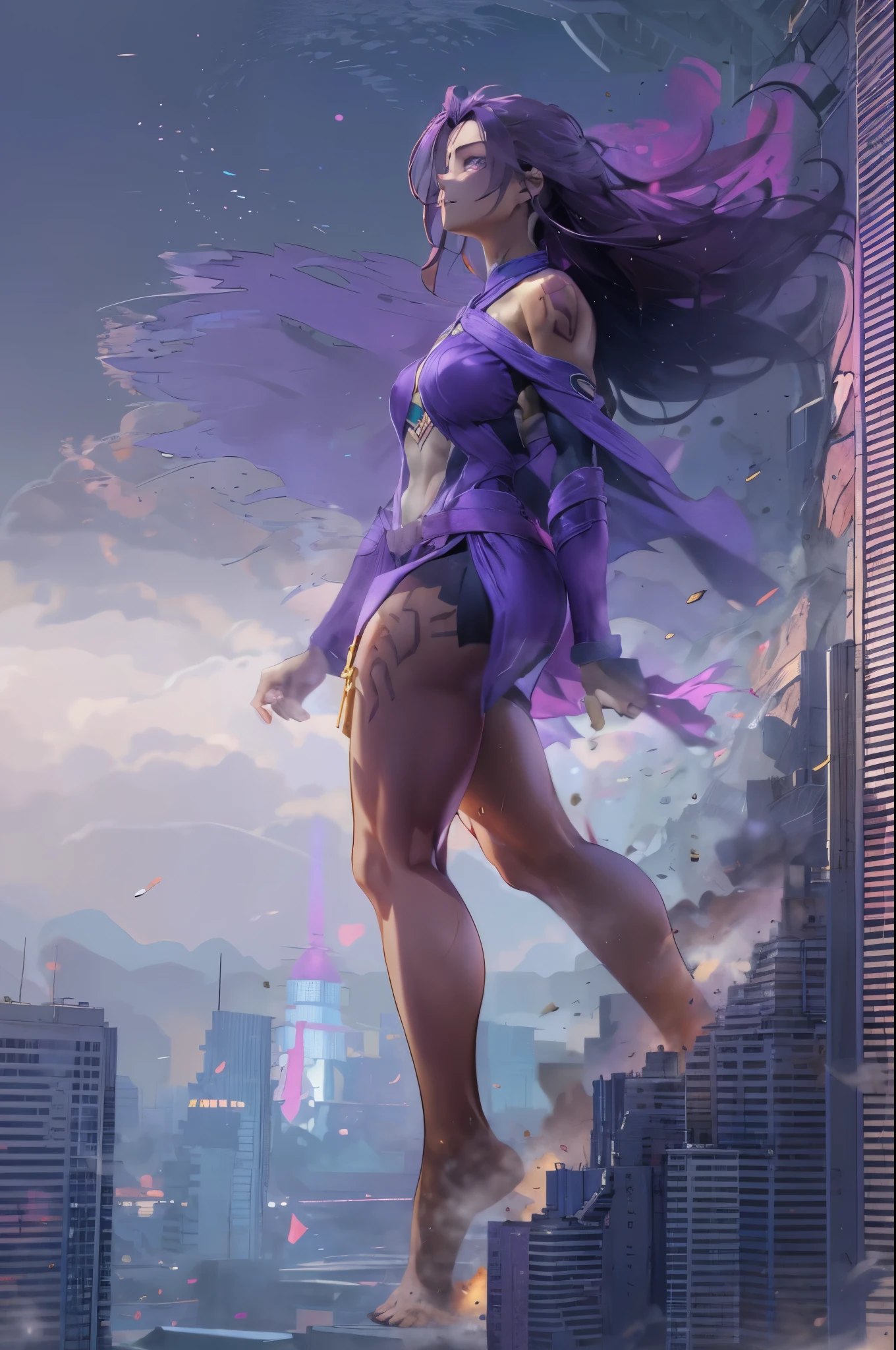 giantess woman, fog, light purple aura from the giantess, emphasizing its greatness, Abrasions, condescending look at people from below, tiny city, gold jewelry on left leg, (masterpiece), Best quality, medium full shot, Antimag Wei, 1 girl, One, single hip, long hair, side cut hair, hip gap, thin waist, Muscular, detailed face, Beautiful eyes, Purple eyes, eyelashes, (purple light), detailed, 8K, [purple colors], side view, Side view, raised right leg, leg above the building, giantess in motion, walking