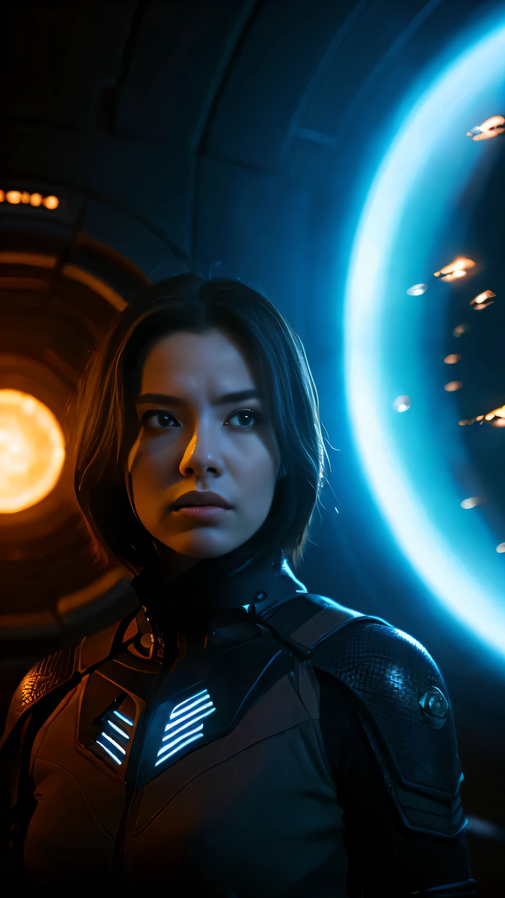 photo, portrait, intimidating Woman floating [a discovery of a wormhole leads to new worlds|a cursed prince must marry a monster], [scifi:fantasy:0.6] cinematic Lighting