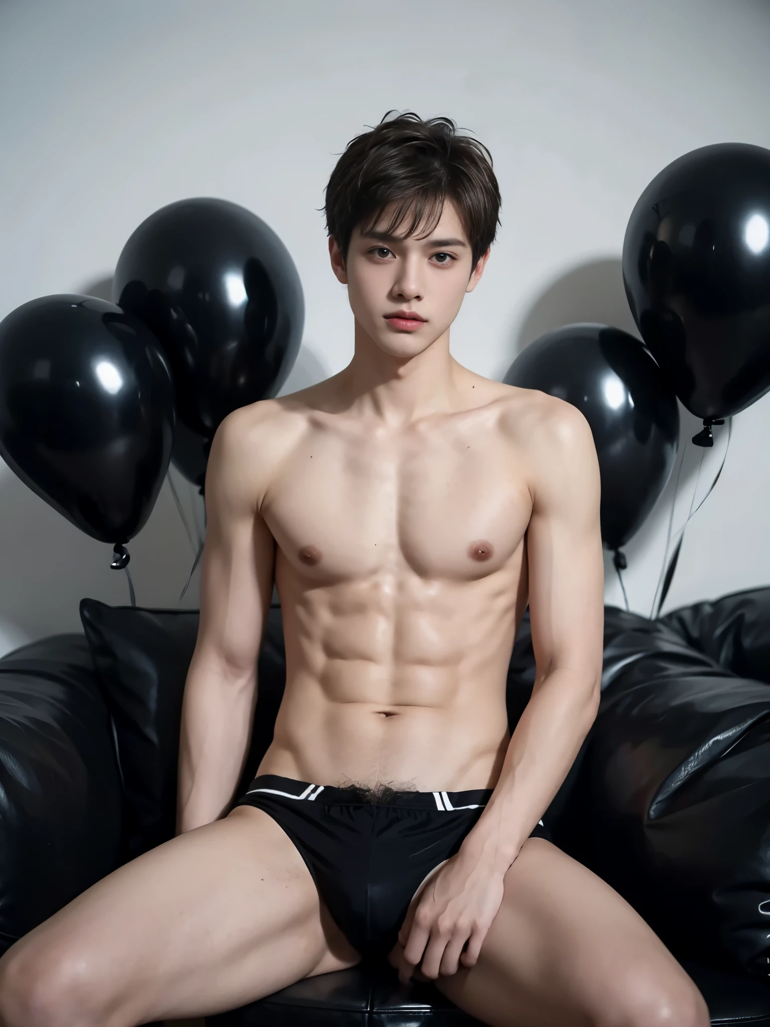 -yeld bositting on big black balloons, big black balloons between legs, hugging big black balloons, popping big black balloons, wearing black speedos, silver hair, shirtless, abs, thin body, slim body, skinny body, handsome, teenager, young boy, youthful, boyish, cute, photography, 4k, realistic, indoor soft lighting, bright background