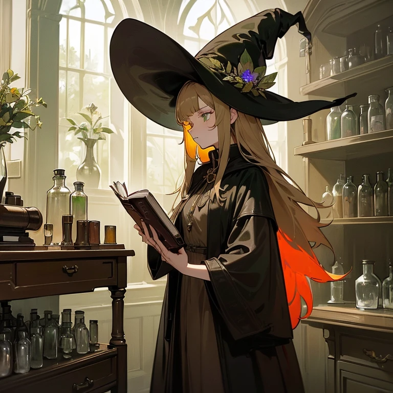 (A witch around 25 years old holding a thick leather bound book.:1.3)、 beige dress black cloak、dark brown long boots、green eyes、flaxen long braided hair、 troubled face、large sapphire brooch、sunroom、Chemistry Experiments、big pot、Many dried flowers hanging from the ceiling、(colors on the desk々Many medicine bottles of different colors:1.2)