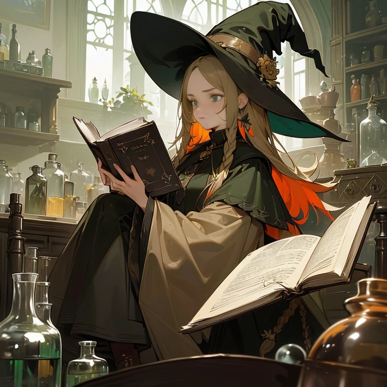(A witch around 25 years old holding a thick leather bound book.:1.3)、 beige dress black cloak、dark brown long boots、green eyes、flaxen long braided hair、 troubled face、large sapphire brooch、sunroom、Chemistry Experiments、big pot、Many dried flowers hanging from the ceiling、(colors on the desk々Many medicine bottles of different colors:1.2)
