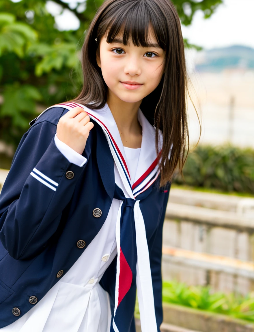 A beautiful girl wearing a Japanese navy blue sailor school uniform、16 years old、(((Leave the hem of your clothes outside)))、black hair、straight、(No bangs:1.2))、((put out one's forehead))、I love you、Moist eyes、Spinning、