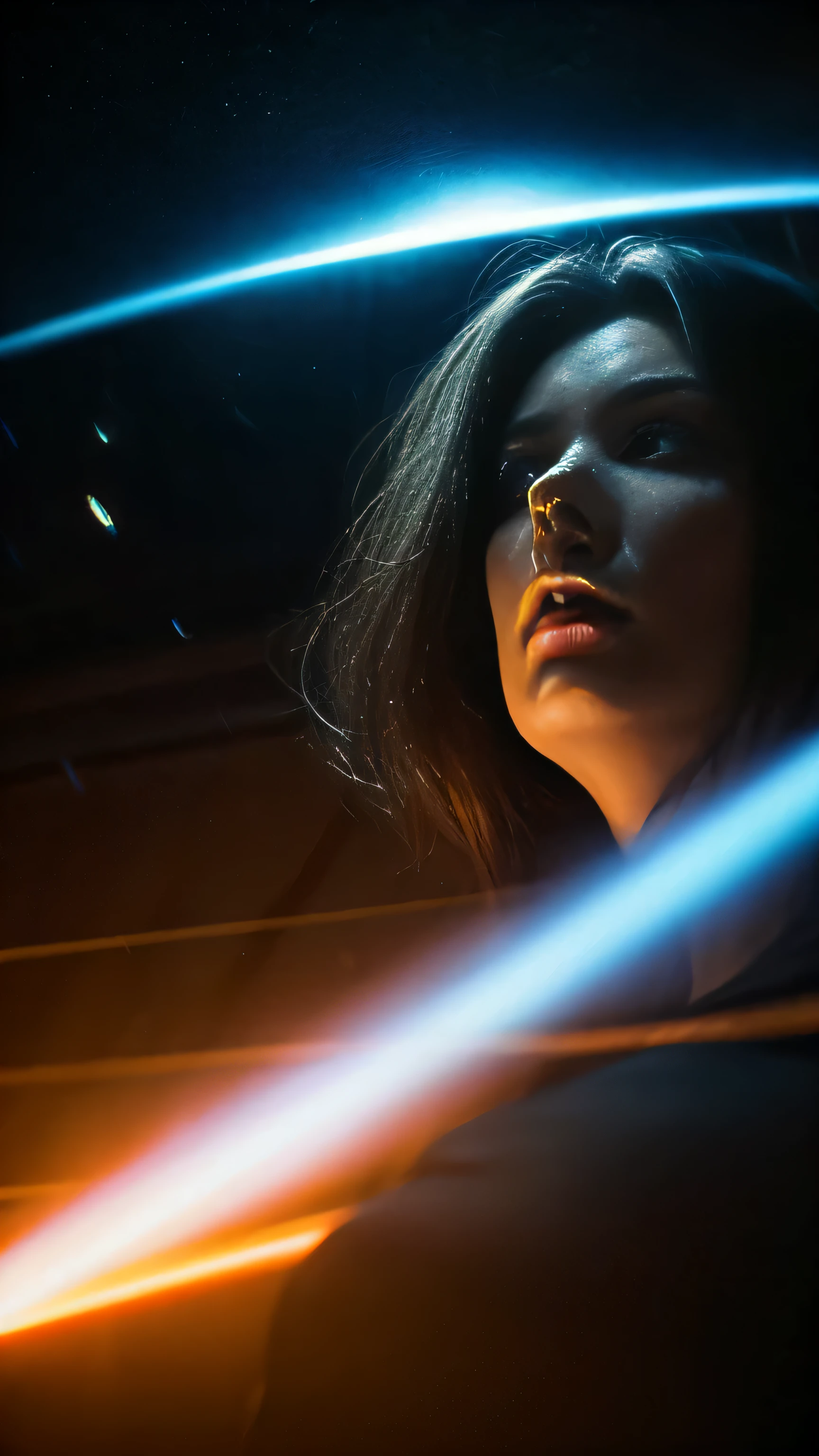 photo, portrait, intimidating Woman floating [a discovery of a wormhole leads to new worlds|a cursed prince must marry a monster], [scifi:fantasy:0.6] cinematic Lighting