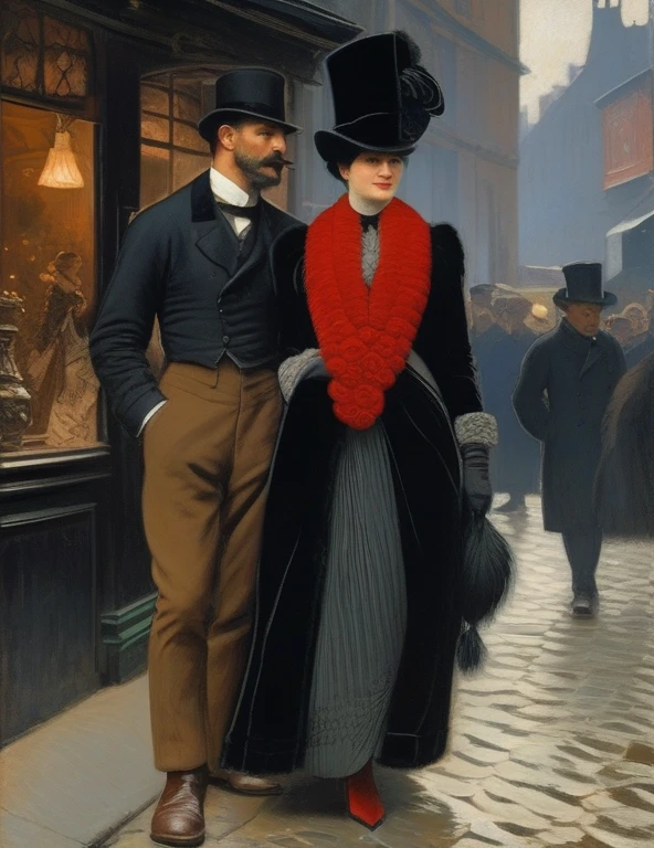 ((meilleure qualité)); Au 19 ème siècle, 1888; couple qui s'embrassent; femme chapeau noire, une longue veste noire garnie de fourrure, une rose rouge et des fougères accrochées à sa veste, longue jupe noire, des bottines, un foulard de soie à carreaux noué autour du cou; homme élégant; costume victorien; rue de Whitechapel; Londres; nuit sombre; scene de vie; cinématographique; hyper réaliste; 4k;