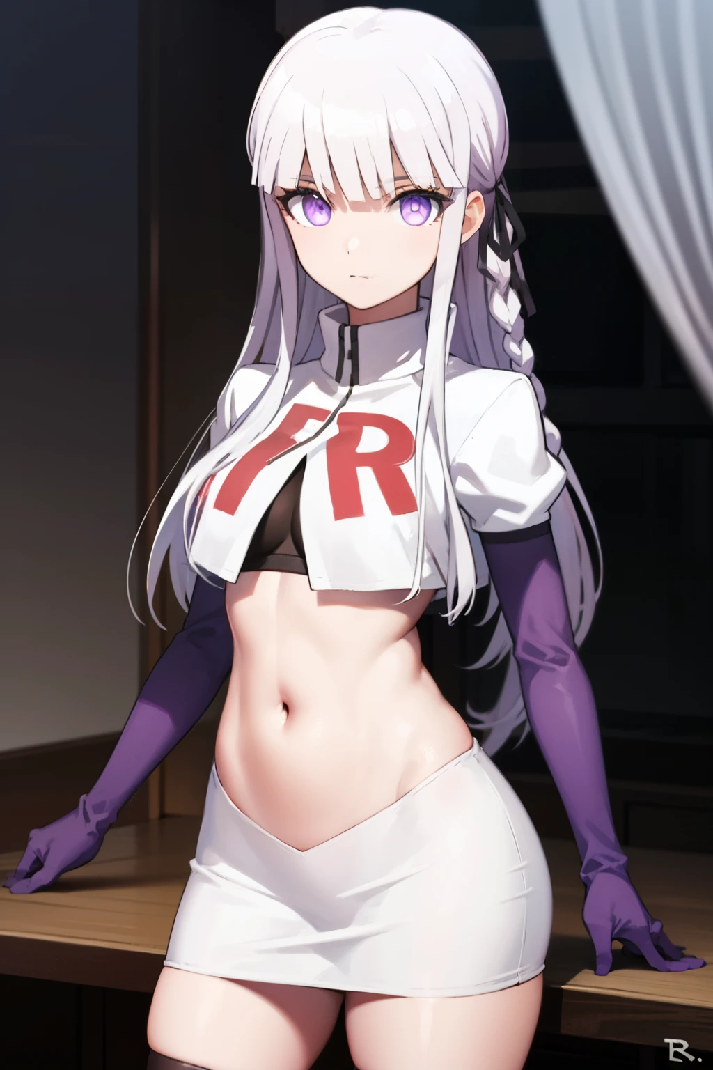 kyokokirigiri, kyouko kirigiri, long hair, bangs, ribbon, (purple eyes:1.1), hair ribbon, purple hair, braid, single braid, side braid,
BREAK black ribbon, team rocket,team rocket uniform,white skirt,red letter R,crop top,black thigh-highs,black elbow gloves
BREAK looking at viewer, (cowboy shot:1.5),
BREAK (masterpiece:1.2), best quality, high resolution, unity 8k wallpaper, (illustration:0.8), (beautiful detailed eyes:1.6), extremely detailed face, perfect lighting, extremely detailed CG, (perfect hands, perfect anatomy),