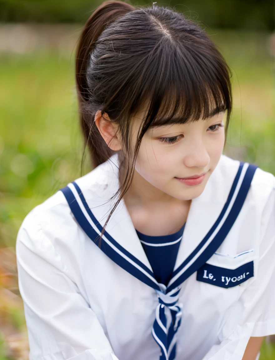 A beautiful girl wearing a Japanese navy blue sailor school uniform、16 years old、(((Leave the hem of your clothes outside)))、black hair、ponytail、((No bangs:1.2))、((put out one's forehead))、I love you、Moist eyes、Spinning、
