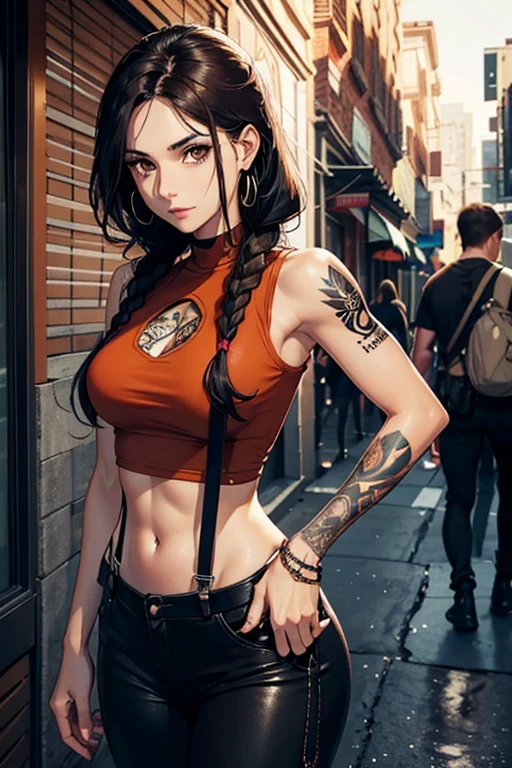 High resolution, best quality, A 30-year-old Middle Eastern woman with a warm sepia skin tone, long black hair in a braided ponytail, and piercing brown eyes, wears an old rusty orange shirt black fatigue pants, black combat boots, single suspender wraps around her right shoulder, empty gun holster tucked underneath her left armpit, Her left arm is covered up entirely with tattoos, her right arm shows several battle scars with a tattoo of a phrase written out on her inner forearm, slim muscular mesomorph female body, in a city with warm daylight