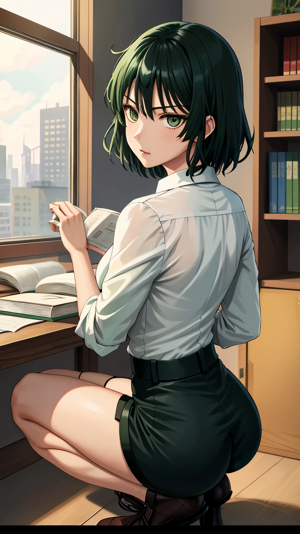 Anime screenshots, City, 1 girl, 独自of, Dark green hair, green eyes, looking at the audience, of, Keep your mouth shut, yes, wide hips, White shirt, shorts, 解扣shorts, Squatting, , Books and periodicals, Back