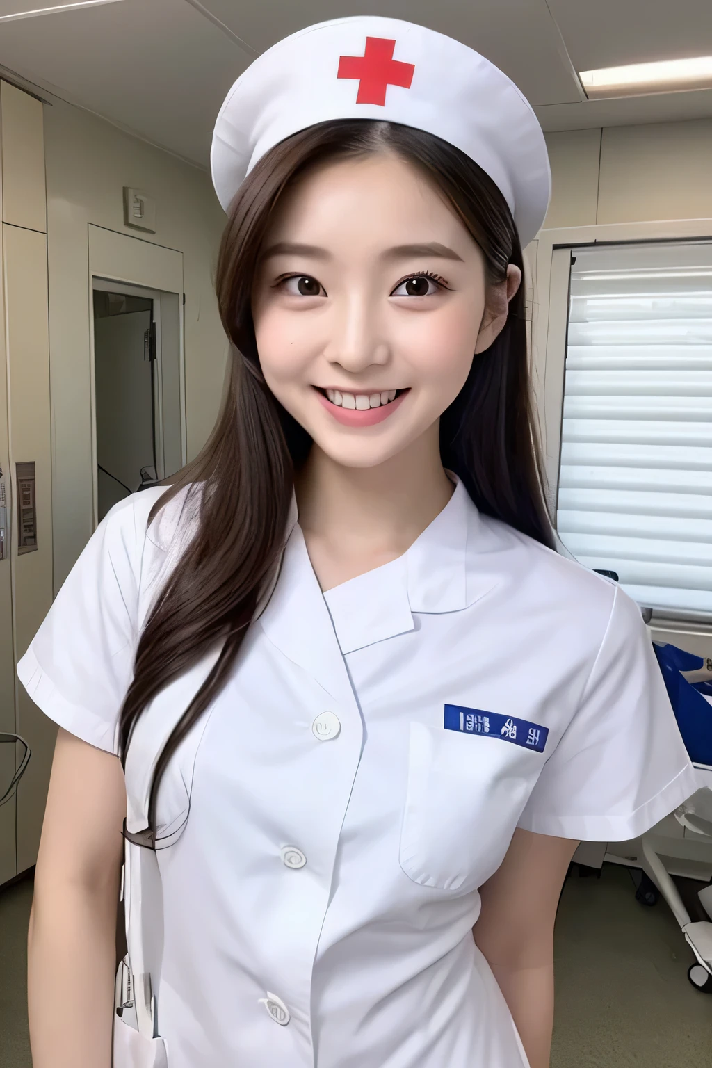A woman in her 20s in a white nurse's uniform is standing in a hospital,nurse,nurse cap,beautiful girl, laughter,Look here,