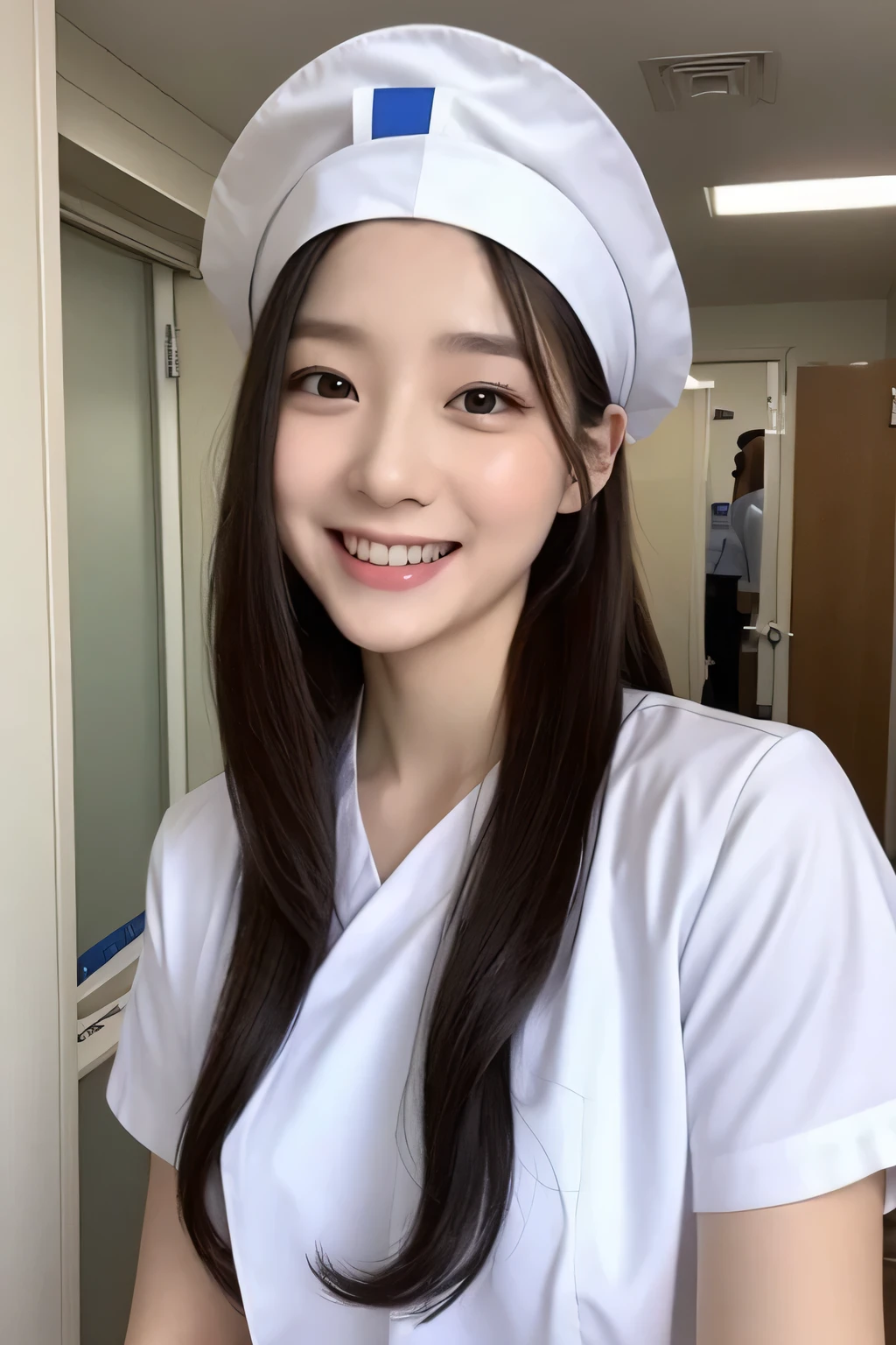 A woman in her 20s in a white nurse's uniform is standing in a hospital,nurse,nurse cap,beautiful girl, laughter,Look here,