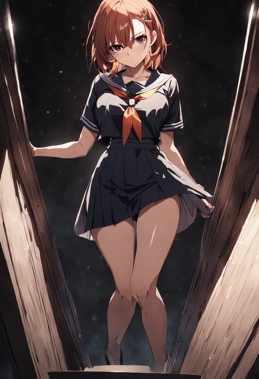 1girl,misaka mikoto, fullbody, cinematic angle, dark, dark background, masterpiece, best quality,serafuku