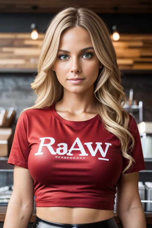 absurdres, RAW photo, highest quality, (masterpiece: 1.3), high detail RAW color photo, professional photo, extremely detailed CG 8k wallpaper unit, photo-realistic, realistic, RAW photo, masterpiece, best quality, highres, 1girl, 36 YEARS old, approximately 5'1" tall, white, blonde hair, wavy, Average length, athletic body, thin legs, perfect beautiful face, beautiful light brown realistic eyes, fair skin, detailed skin texture, medium natural breasts. Serious. She looks amazing. (red t-shirt and black shiny leggings, simple design). In a coffee shop in Toronto