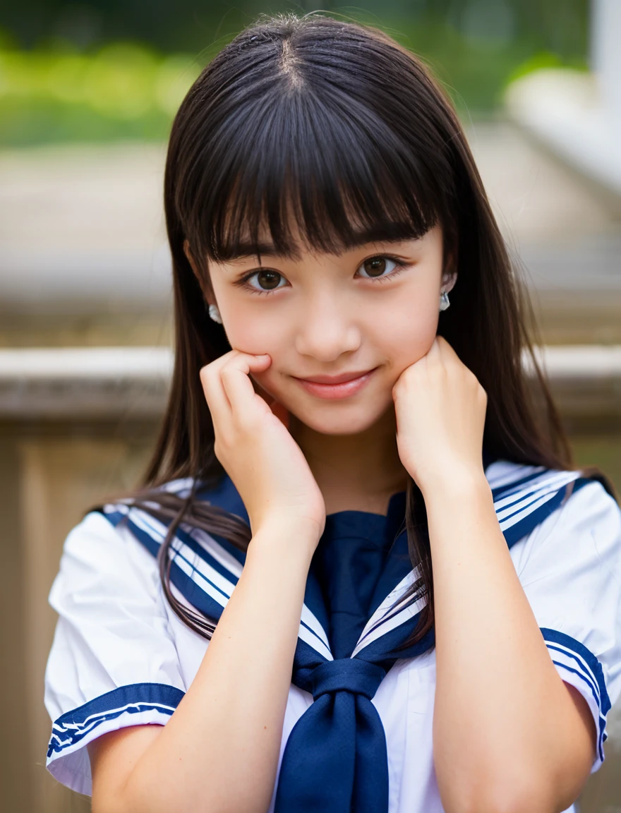 A beautiful girl wearing a Japanese navy blue sailor school uniform、、(((Leave the hem of your clothes outside)))、black hair、ponytail、((No bangs:1.2))、((put out one's forehead))、I love you、Moist eyes、Spinning、protruding tooth、