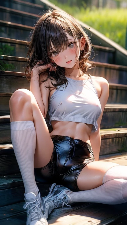 ((nearly naked:1.3)), nearly naked, (((long legs, thighs thighs thighs thighs))), Medium Hair, 1girl, (covered nipples:1.2), ((tight bandeau top)),(((short tight hot pants))), ((Spread legs:2)), White sport socks, White shoes, a wet body, Detailed background, Clothing Details, Perfectly proportioned, film grains, light and shade contrast, masterpiece, high detail, Cinematic lighting, 8K, Textured skin, Super Detail