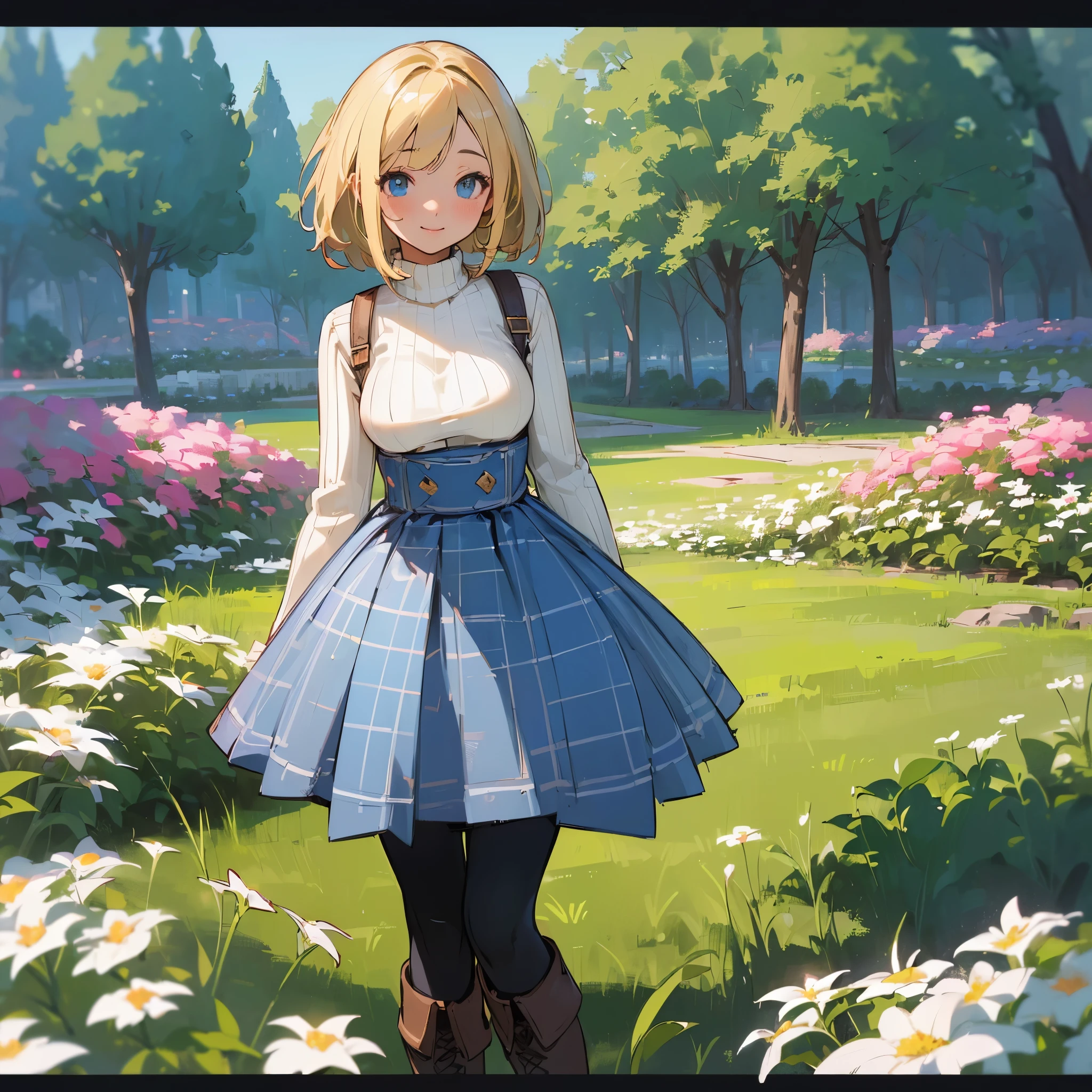 (high quality, high resolution, Super detailed, Reality:1.37), peaceful atmosphere, (outdoor, garden), Teenage girl standing alone, (My breasts are big.), Beautiful detailed features, cute smile, (blonde bob hair), ribbed sweater, blue plaid skirt, Black tights, brown boots.