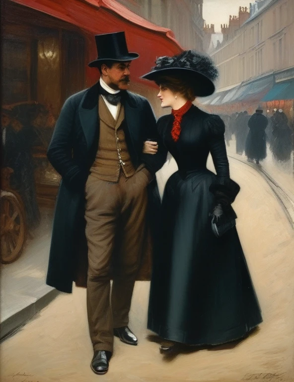 ((meilleure qualité)); Au 19 ème siècle, 1888; couple qui s'embrassent; femme chapeau noire, une longue veste noire garnie de fourrure, une rose rouge et des fougères accrochées à sa veste,  longue jupe noire, des bottines, un foulard de soie à carreaux noué autour du cou; homme élégant; costume victorien; rue de Whitechapel; Londres; nuit sombre; scene de vie; cinématographique; hyper réaliste; 4k;