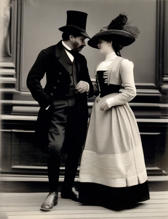 ((meilleure qualité)); Au 19 ème siècle, 1888; couple qui s'embrassent; femme chapeau noire, une longue veste noire garnie de fourrure, une rose rouge et des fougères accrochées à sa veste,  longue jupe noire, des bottines, un foulard de soie à carreaux noué autour du cou; homme élégant; costume victorien; rue de Whitechapel; Londres; nuit sombre; scene de vie; cinématographique; hyper réaliste; 4k;