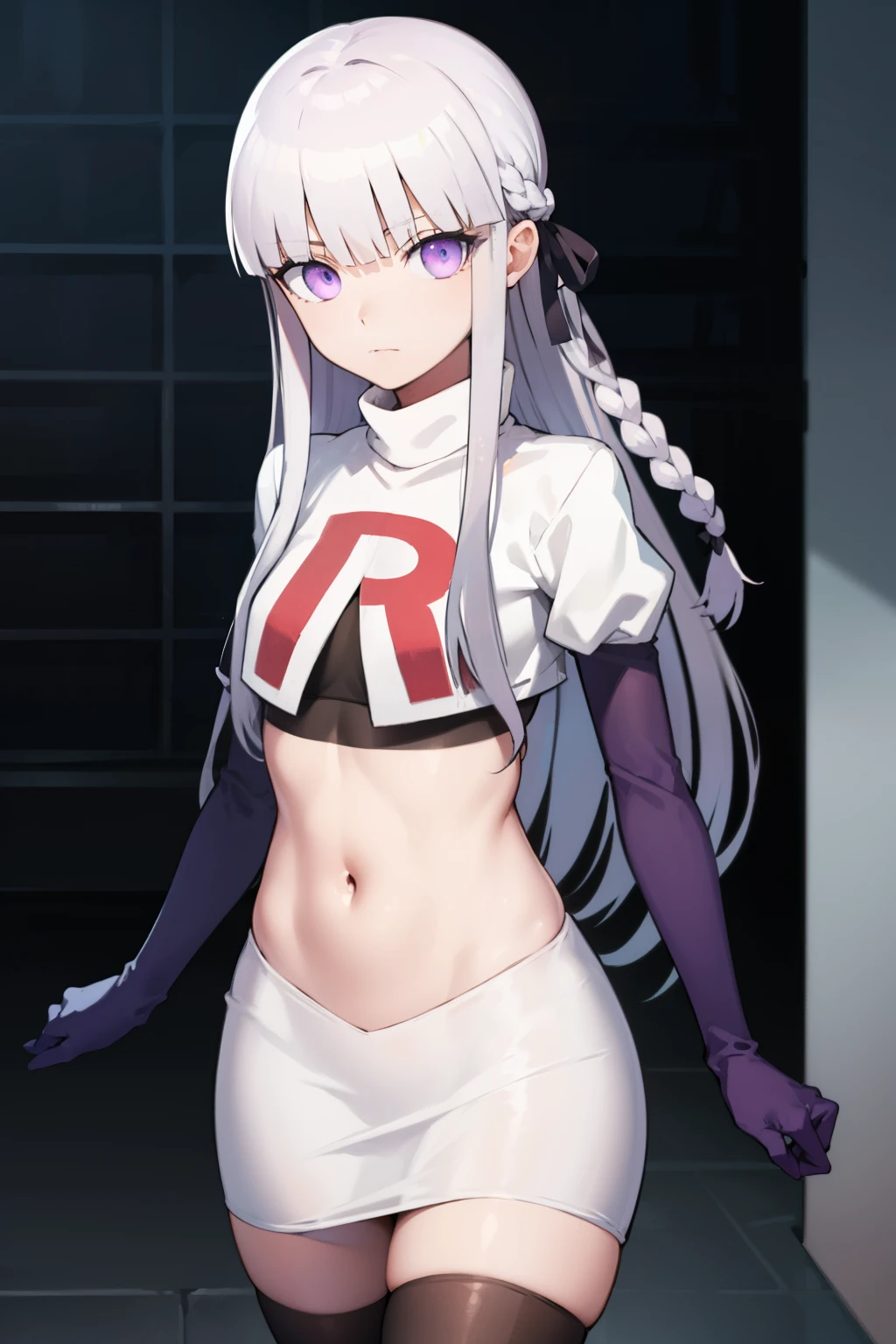 kyokokirigiri, kyouko kirigiri, long hair, bangs, ribbon, (purple eyes:1.1), hair ribbon, purple hair, braid, single braid, side braid,
BREAK black ribbon, team rocket,team rocket uniform,white skirt,red letter R,crop top,black thigh-highs,black elbow gloves
BREAK looking at viewer, (cowboy shot:1.5),
BREAK (masterpiece:1.2), best quality, high resolution, unity 8k wallpaper, (illustration:0.8), (beautiful detailed eyes:1.6), extremely detailed face, perfect lighting, extremely detailed CG, (perfect hands, perfect anatomy),