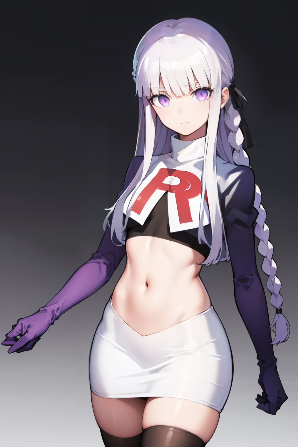 kyokokirigiri, kyouko kirigiri, long hair, bangs, ribbon, (purple eyes:1.1), hair ribbon, purple hair, braid, single braid, side braid,
BREAK black ribbon, team rocket,team rocket uniform,white skirt,red letter R,crop top,black thigh-highs,black elbow gloves
BREAK looking at viewer, (cowboy shot:1.5),
BREAK (masterpiece:1.2), best quality, high resolution, unity 8k wallpaper, (illustration:0.8), (beautiful detailed eyes:1.6), extremely detailed face, perfect lighting, extremely detailed CG, (perfect hands, perfect anatomy),