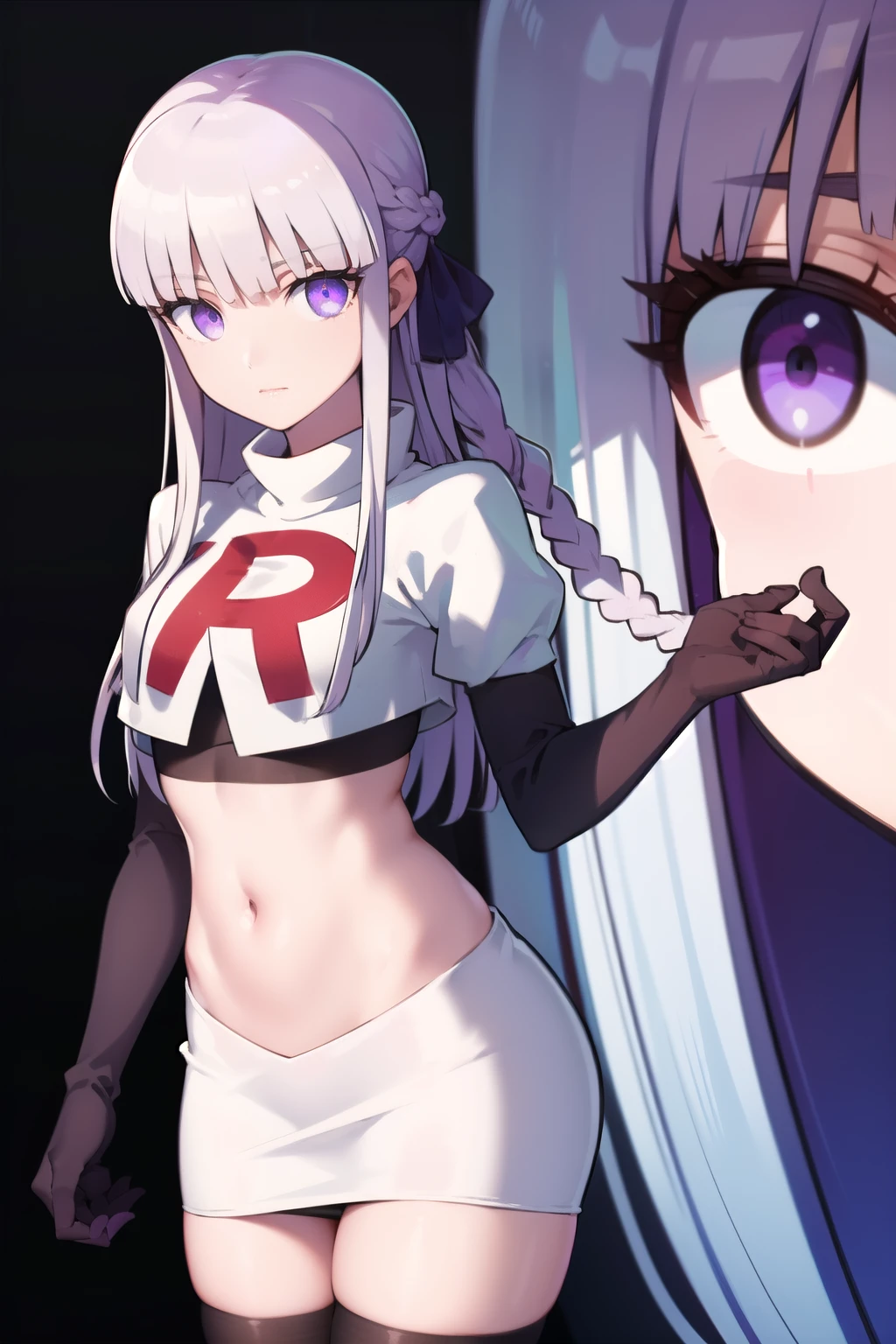 kyokokirigiri, kyouko kirigiri, long hair, bangs, ribbon, (purple eyes:1.1), hair ribbon, purple hair, braid, single braid, side braid,
BREAK black ribbon, team rocket,team rocket uniform,white skirt,red letter R,crop top,black thigh-highs,black elbow gloves
BREAK looking at viewer, (cowboy shot:1.5),
BREAK (masterpiece:1.2), best quality, high resolution, unity 8k wallpaper, (illustration:0.8), (beautiful detailed eyes:1.6), extremely detailed face, perfect lighting, extremely detailed CG, (perfect hands, perfect anatomy),