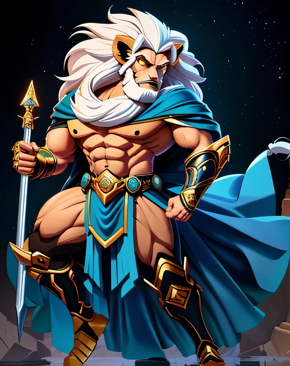 um close de um homem com rosto peludo e barba, lion warrior, lobisomem musculoso, Senhor das Bestas, 2d full body lion, Djinn Human Hybrid, lion body, roaring white lion. majestoso, forte e imponente, Pano Distante, Senhor da Selva, epic fantasy character art, poderoso guerreiro, male djinn man demon hybrid, Narasimha, pelo branco 