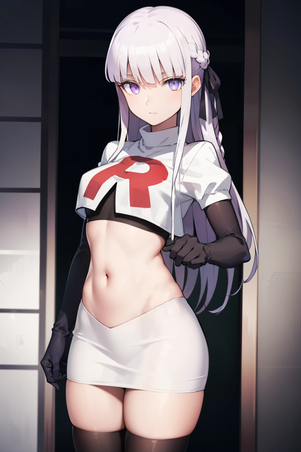 kyokokirigiri, kyouko kirigiri, long hair, bangs, ribbon, (purple eyes:1.1), hair ribbon, purple hair, braid, single braid, side braid,
BREAK black ribbon, team rocket,team rocket uniform,white skirt,red letter R,crop top,black thigh-highs,black elbow gloves
BREAK looking at viewer, (cowboy shot:1.5),
BREAK (masterpiece:1.2), best quality, high resolution, unity 8k wallpaper, (illustration:0.8), (beautiful detailed eyes:1.6), extremely detailed face, perfect lighting, extremely detailed CG, (perfect hands, perfect anatomy),